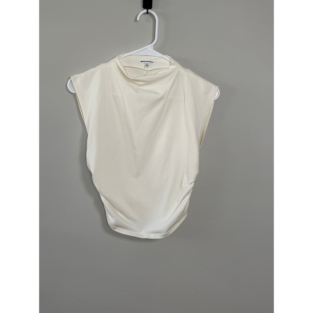 Reformation Top Womens Size S Ivory Minimalist Ruched Mock Neck Sleeveless